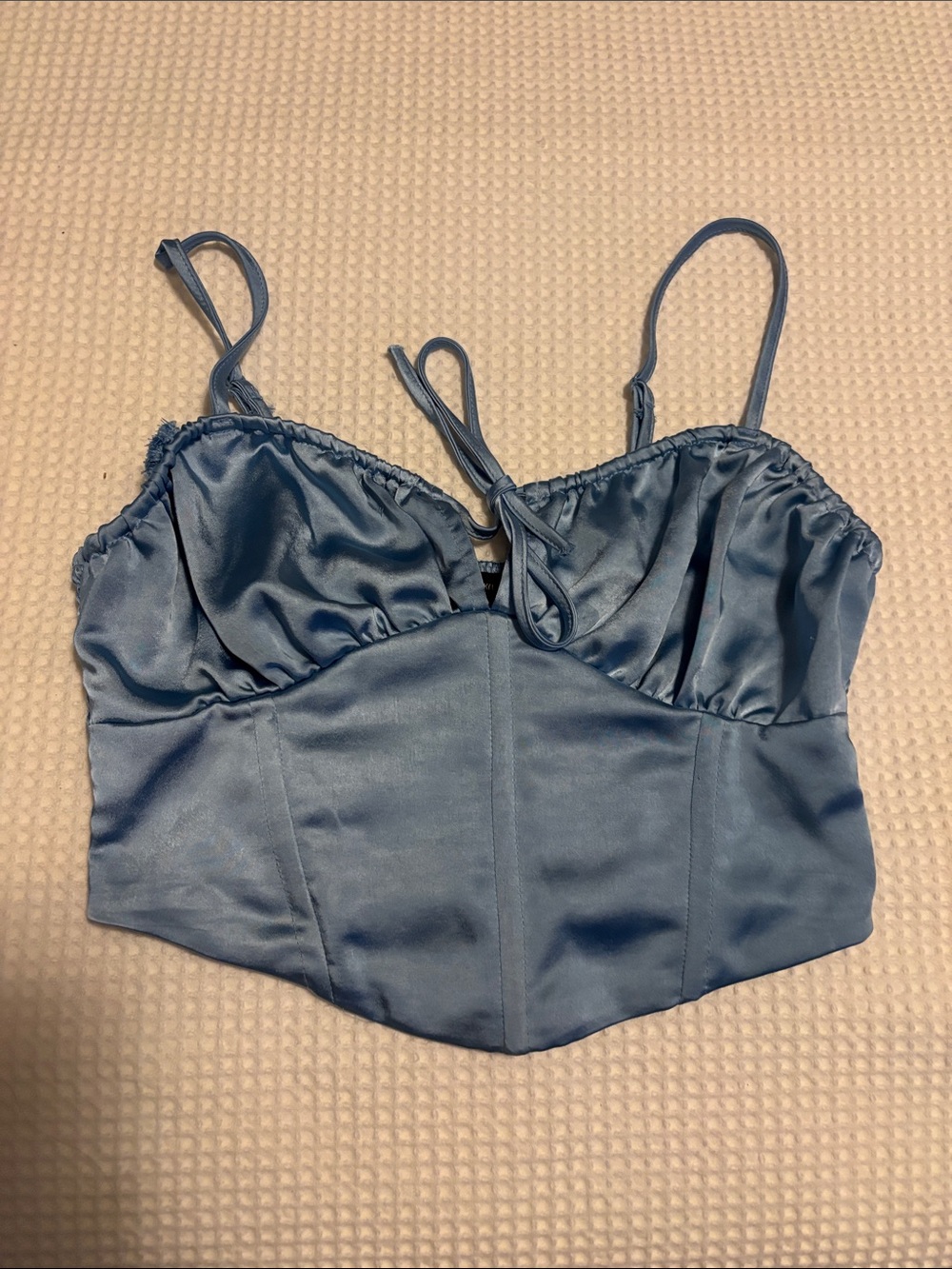Kendall & Kylie Powder Blue Smocked Satin Strap Crop Top
